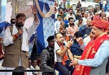 Congress's Chaudhary Lal Singh addressing a gathering in Nagri, Kathua, and Union Minister and BJP candidate from Udhampur-Kathua seat Jitendra Singh at a public meeting in Udhampur | Amogh Rohmetra | ThePrint/ANI
