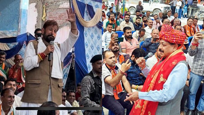 Congress's Chaudhary Lal Singh addressing a gathering in Nagri, Kathua, and Union Minister and BJP candidate from Udhampur-Kathua seat Jitendra Singh at a public meeting in Udhampur | Amogh Rohmetra | ThePrint/ANI