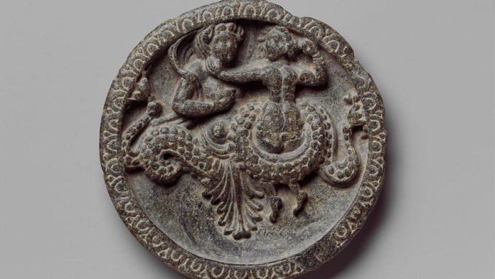 Dish with Marine Creature and Couple, Pakistan (ancient region of Gandhara), 1st century BCE, Schist, 11.4 cm, Image courtesy of The Metropolitan Museum of Art, New York