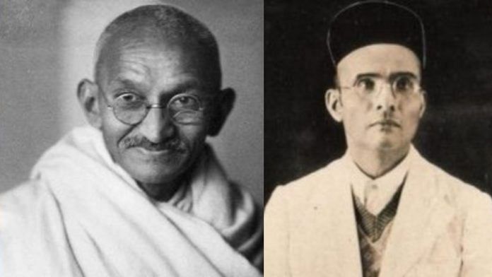 File photo of Mohandas Karamchand Gandhi and Vinayak Damodar Savarkar