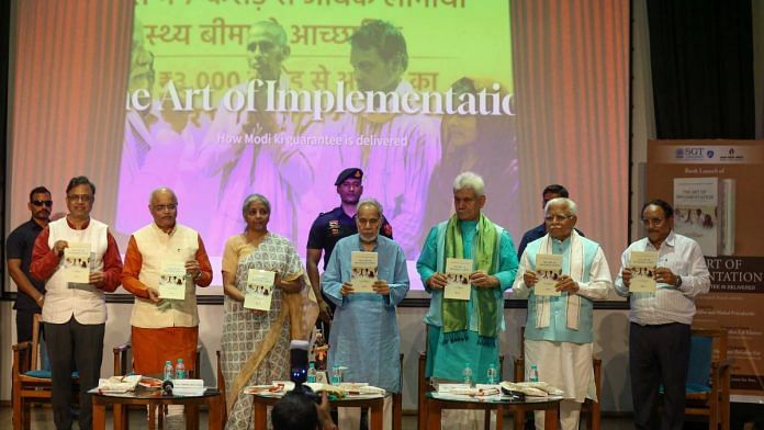 Art of Implementation book launched by Finance Minister Nirmala Sitharaman, Lt. Governor Manoj Sinha, Former Haryana CM Manohar Lal khattar at Indira Gandhi National Centre, New Delhi on Monday | Suraj Singh Bisht, ThePrint