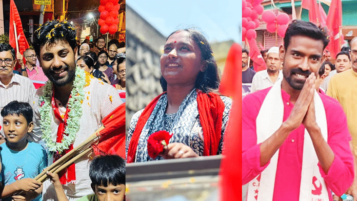 CPI(M) candidates Srijan Bhattacharyya (Jadavpur), Dipsita Dhar (Serampore) and Pratikur Rahaman (Diamond Harbour) during their election campaign | Pic credit: X/Facebook@SrijanForYou/@DharDipsita/Pratikur Rahaman