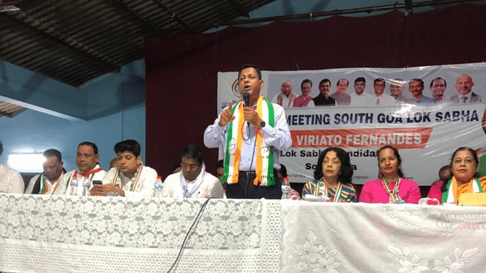 Congress South Goa candidate Viriato Fernandes at an election meeting | Credit: @ViriatoFern/Twitter