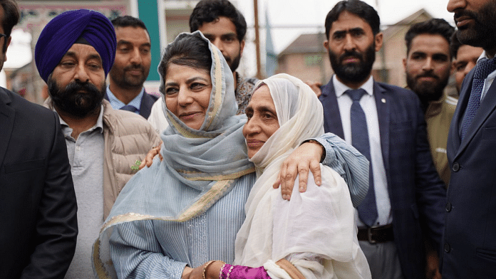 PDP's Mehbooba Mufti meets people before filing her nomination paper to contest from Anantnag-Rajouri Lok Sabha seat | Pic credit: X/@MehboobaMufti