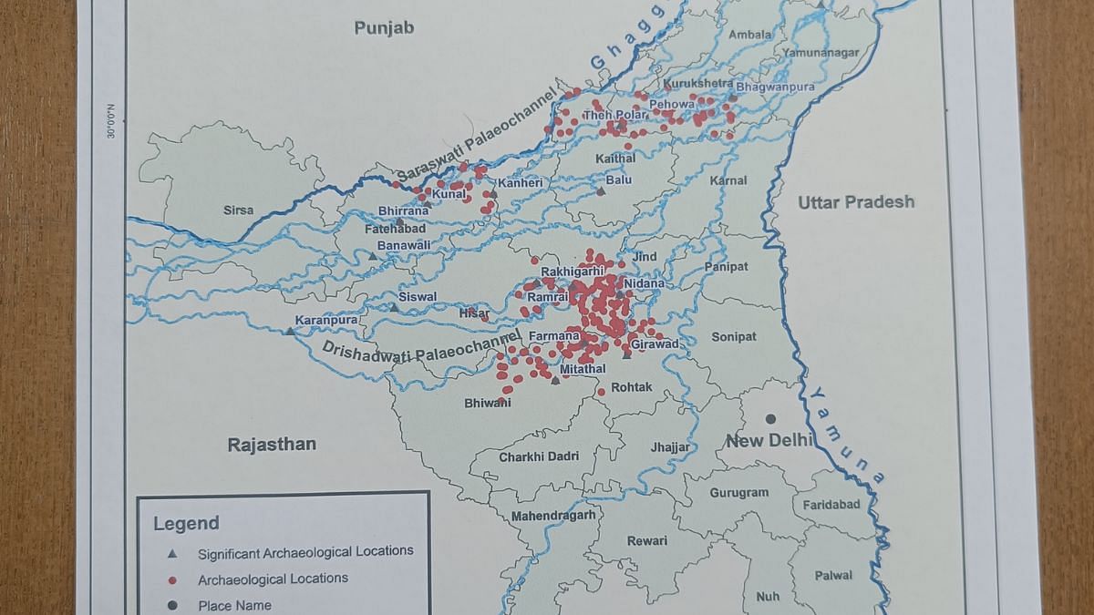 Map prepared by Professor AR Chaudhri showing the paleochannels of Saraswati river system in Haryana | Photo: Krishan Murari/ThePrint