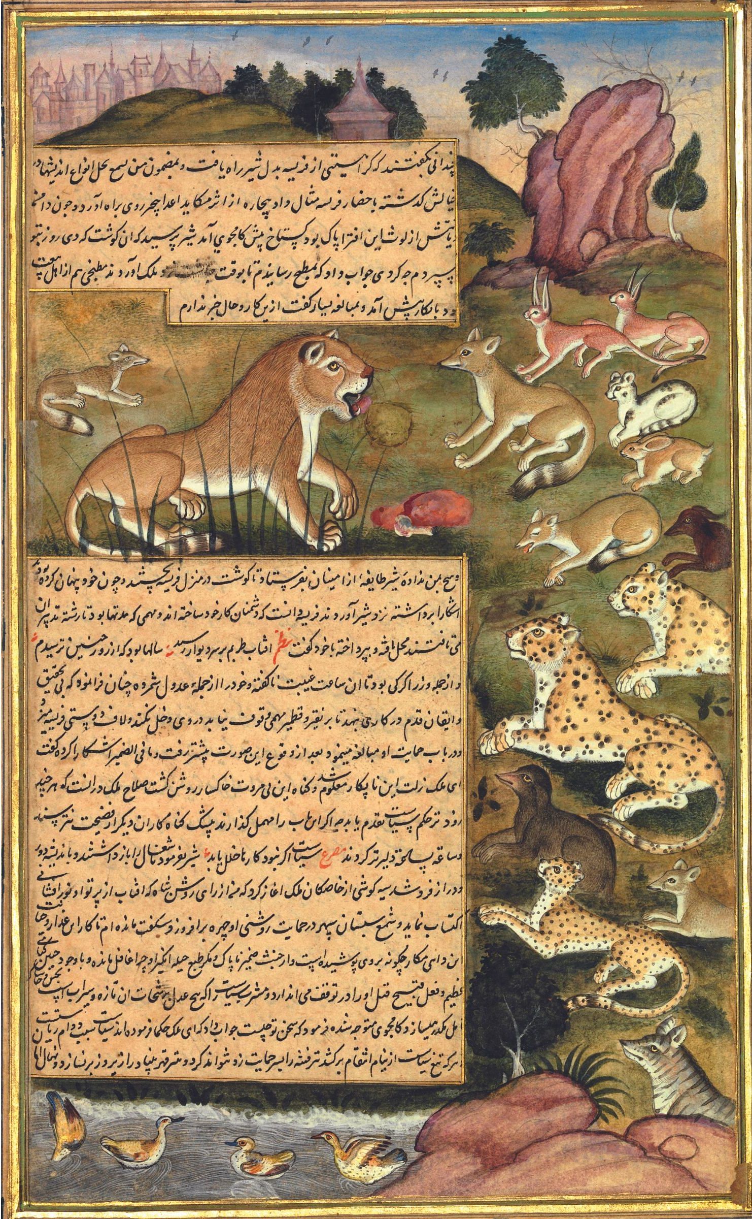 The Lion Pardoning Farisah, Agra ca. 1595An illustrated scene from the Anvar-i-Suhayli composed by Ustad Hussain Vai’z Kashifi. The lion pardons the jackal Farisah (a minister in his court) after wrongly accusing him of stealing his meat. This illustration was inscribed by the artist Khem Kurd. Also present are a pair of Caracals. Credit: The Chester Beatty, IN O.4.61