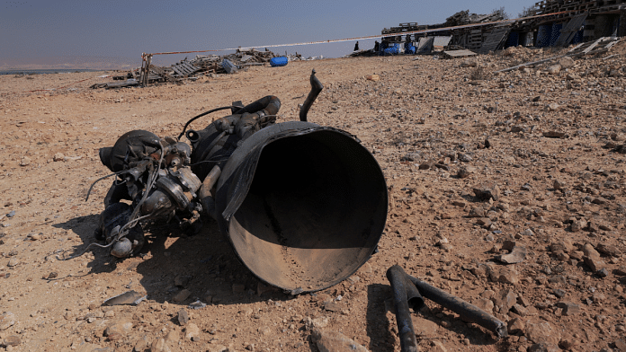 The remains of a rocket booster that, according to Israeli authorities critically injured a 7-year-old girl, after Iran launched drones and missiles, near Arad, Israel | Reuters