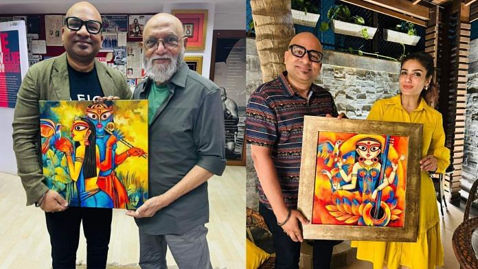 Prithviraj Choudhury with Pritish Nandy and Raveena Tandon, holding Kalighat-inspired paintings | Prithviraj Choudhury, Facebook