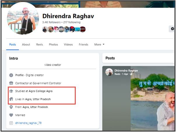 A screenshot of Dhirendra Raghav's Facebook profile shows that he hails from and currently resides in Agra, Uttar Pradesh. (Source: Facebook/ Screenshot/Modified by Logically Facts)