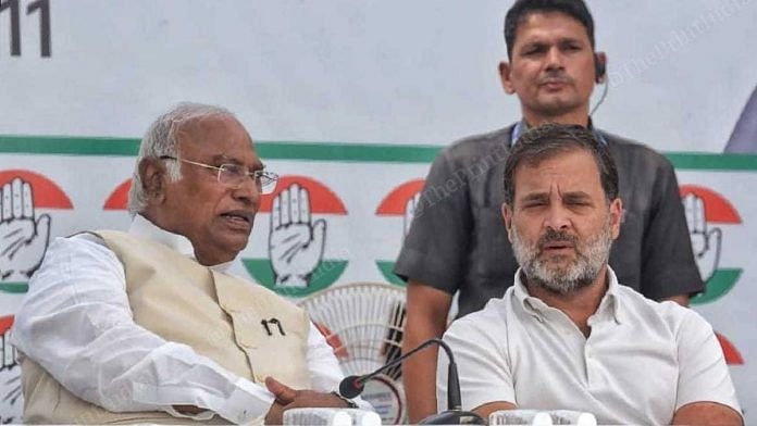 Congress President Mallikarjun Kharge and Wayanad MP Rahul Gandhi at the launch of the party manifesto in New Delhi on 5 April | Praveen Jain | ThePrint