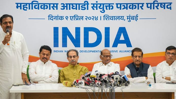 Shiv Sena (UBT) chief Uddhav Thackeray, Congress leaders Nana Patole, Prithviraj Chavan and Balasaheb Thorat, NCP chief Sharad Pawar and NCP leader Jayant Patil during a Maha Vikas Aghadi (MVA) press conference, in Mumbai, Tuesday, April 9, 2024 | PTI