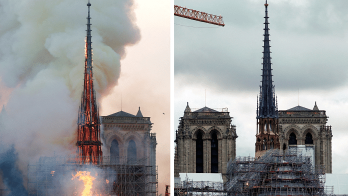 A combination picture shows smoke billowing as fire engulfs the spire of Notre Dame Cathedral in Paris, France, April 15, 2019 and a view of the new spire, surmounted by the rooster and the cross as restoration works continue at the Notre-Dame de Paris Cathedral in Paris, France, March 30, 2024 | File Photo | Reuters/Benoit Tessier and Gonzalo Fuentes