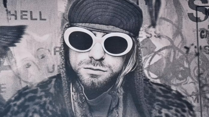 Kurt Cobain in his now-iconic white sunglasses. Everett Collection Inc / Alamy Stock Photo via The Conversation