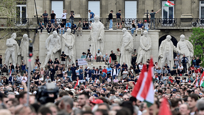 People attend an anti-government protest led by Peter Magyar, a lawyer and businessman formerly close to Hungary's ruling nationalist government, in Budapest, Hungary, April 6, 2024 | Reuters/Marton Monus