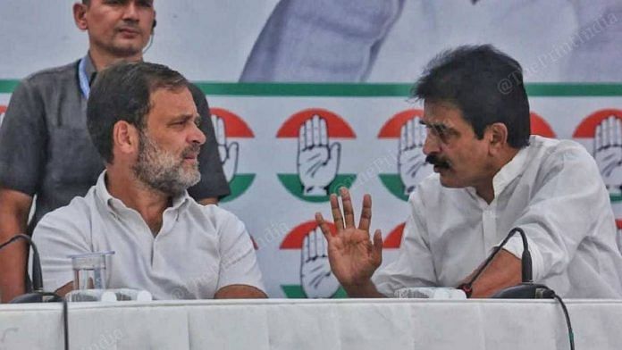 Congress leaders Rahul Gandhi and KC Venugopal at the release of the party's manifesto in New Delhi on 5 April | Praveen Jain | ThePrint
