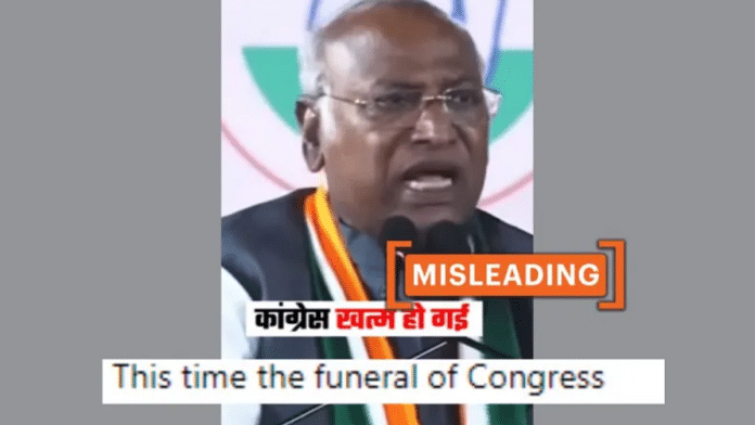 Screenshot of viral post claiming that video shows Mallikarjun Kharge said Congress is finished. (Source: Instagram/Screenshot/Modified by Logically Facts)