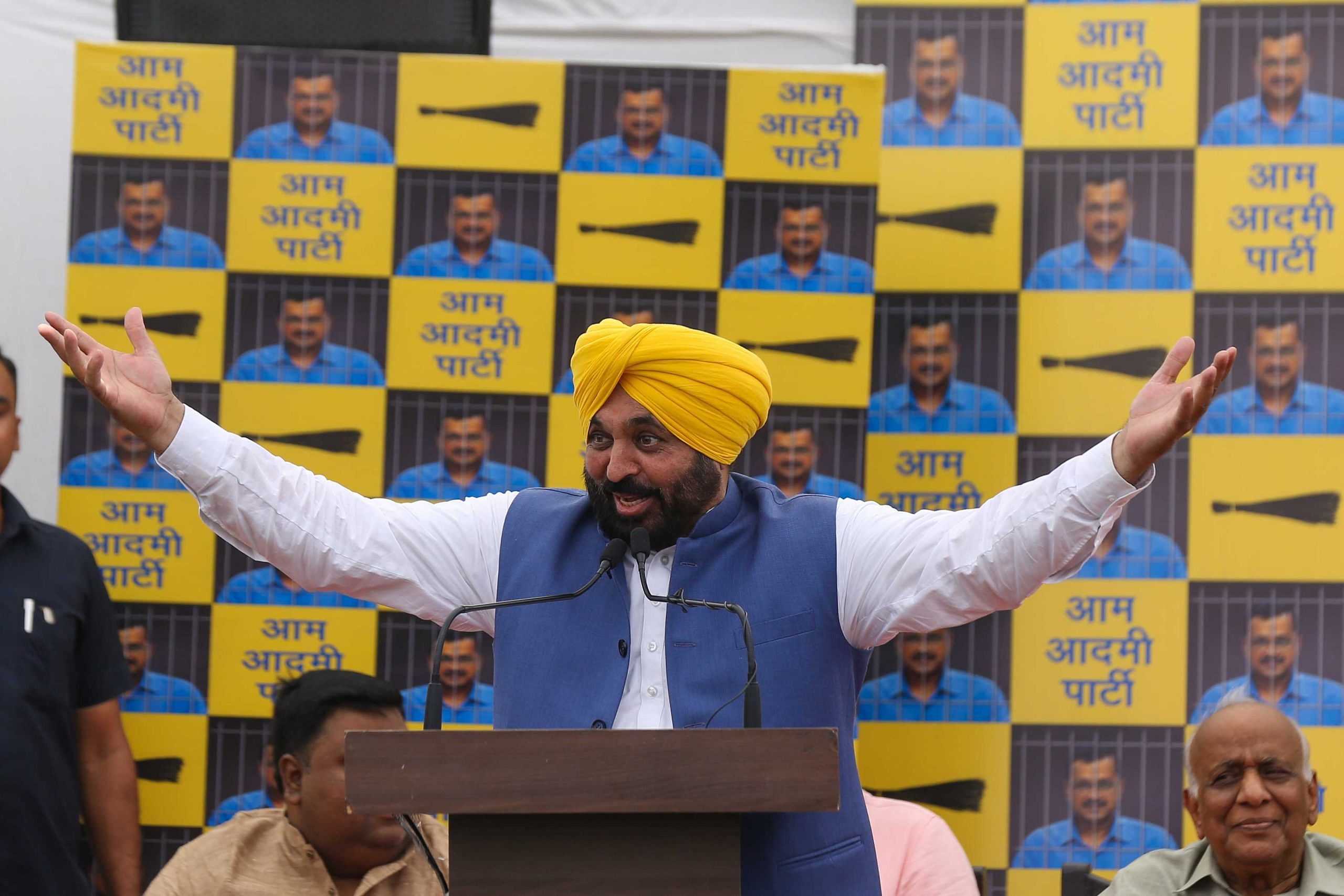 Punjab Chief Minister Bhagwant Mann during the press conference at AAP HQ in New Delhi on Saturday | ThePrint | Suraj Singh Bisht