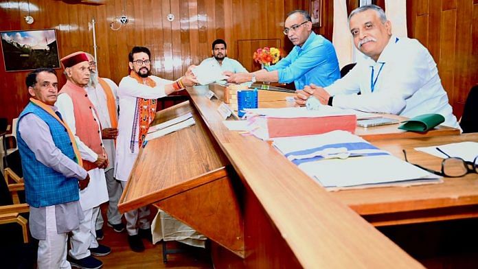 Union Minister and BJP candidate Anurag Thakur filing his nomination papers from the Hamirpur constituency for the Lok Sabha polls, in Hamirpur | ANI