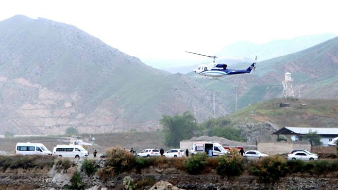 A helicopter carrying Iran’s President Ebrahim Raisi takes off, near the Iran-Azerbaijan border, Sunday. The helicopter with Raisi on board later crashed | Photo: Reuters