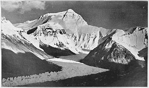 Mount Everest from Rongbuk Valley, photographed by George Mallory. Photo from Page 214 of Howard-Bury, C. K, ‘Mount Everest the Reconnaissance’ | Source: Wikimedia Commons
