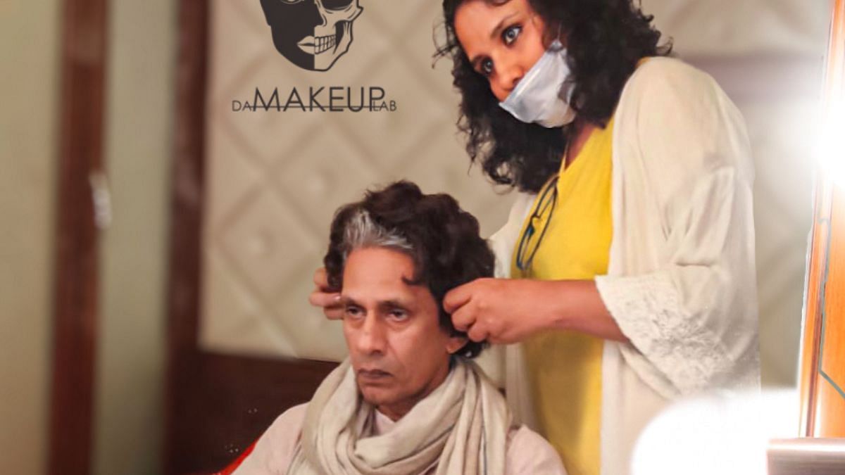Singh at work to create the look for Vijay Raaz as Raziabai in Gangubai Kathiawadi | Credit: Da Makeup Lab