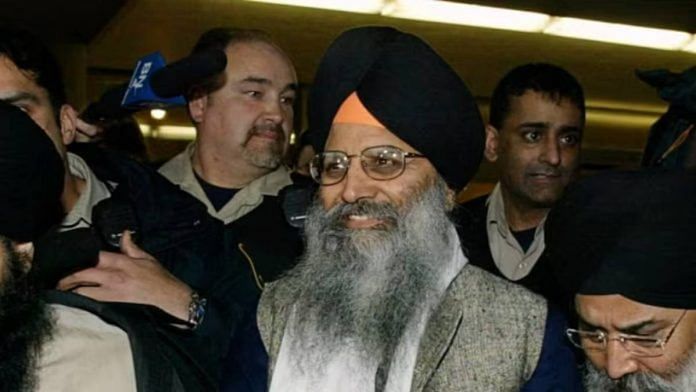 Ripudaman Singh Malik, in grey, smiles as he leaves B.C. Supreme Court in Vancouver in 2005 after being acquitted in the 1985 Air India bombing case | Lyle Stafford/REUTERS