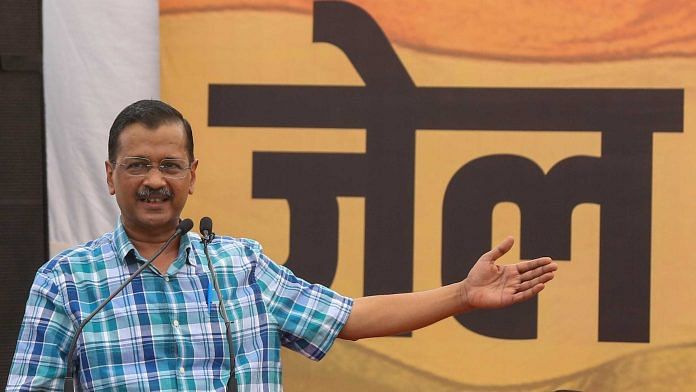 Delhi CM Arvind Kejriwal addresses the press conference at AAP HQ, before holding a protest outside BJP HQ in New Delhi on Sunday | ThePrint/ Suraj Singh Bisht