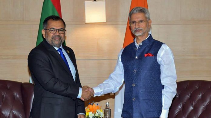 External Affairs Minister S Jaishankar meets with Maldives Foreign Minister Moosa Zameer, in New Delhi on Thursday. (ANI Photo)