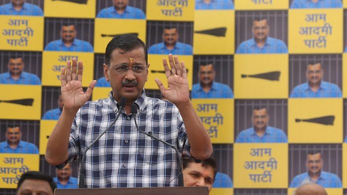 Delhi Chief Minister Arvind Kejriwal Punjab Chief Minister Bhagwant Mann and other seniors leaders during the press conference at AAP HQ in New Delhi on Saturday | Suraj Singh Bisht | ThePrint