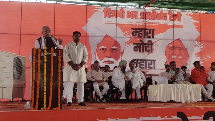Former chief minister of Haryana Manohar Lal Khattar at a rally in Ballah village of Assandh district of Karnal district | Md Tanweer Hasan | ThePrint