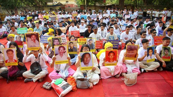People from Manipur hold a demonstration at Jantar Mantar Friday | Photo: Manisha Mondal/ThePrint