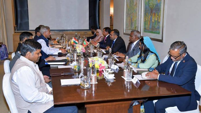 External Affairs Minister S. Jaishankar with Maldives’ Foreign Minister Moosa Zameer in New Delhi last week | Photo: ANI