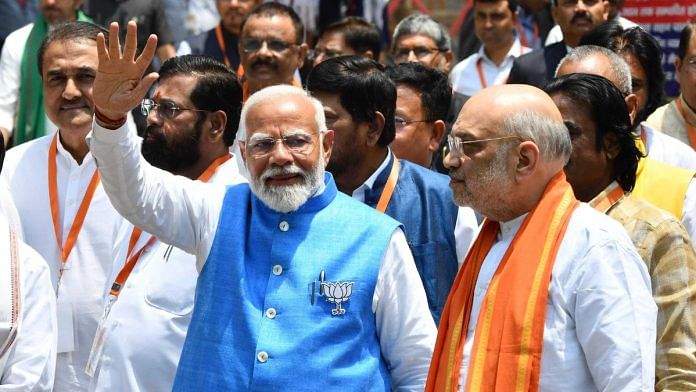 Prime Minister Narendra Modi with Amit Shah after filing his nomination papers for the Lok Sabha elections in Varanasi on 14 May | Photo: Suraj Singh Bisht, ThePrint