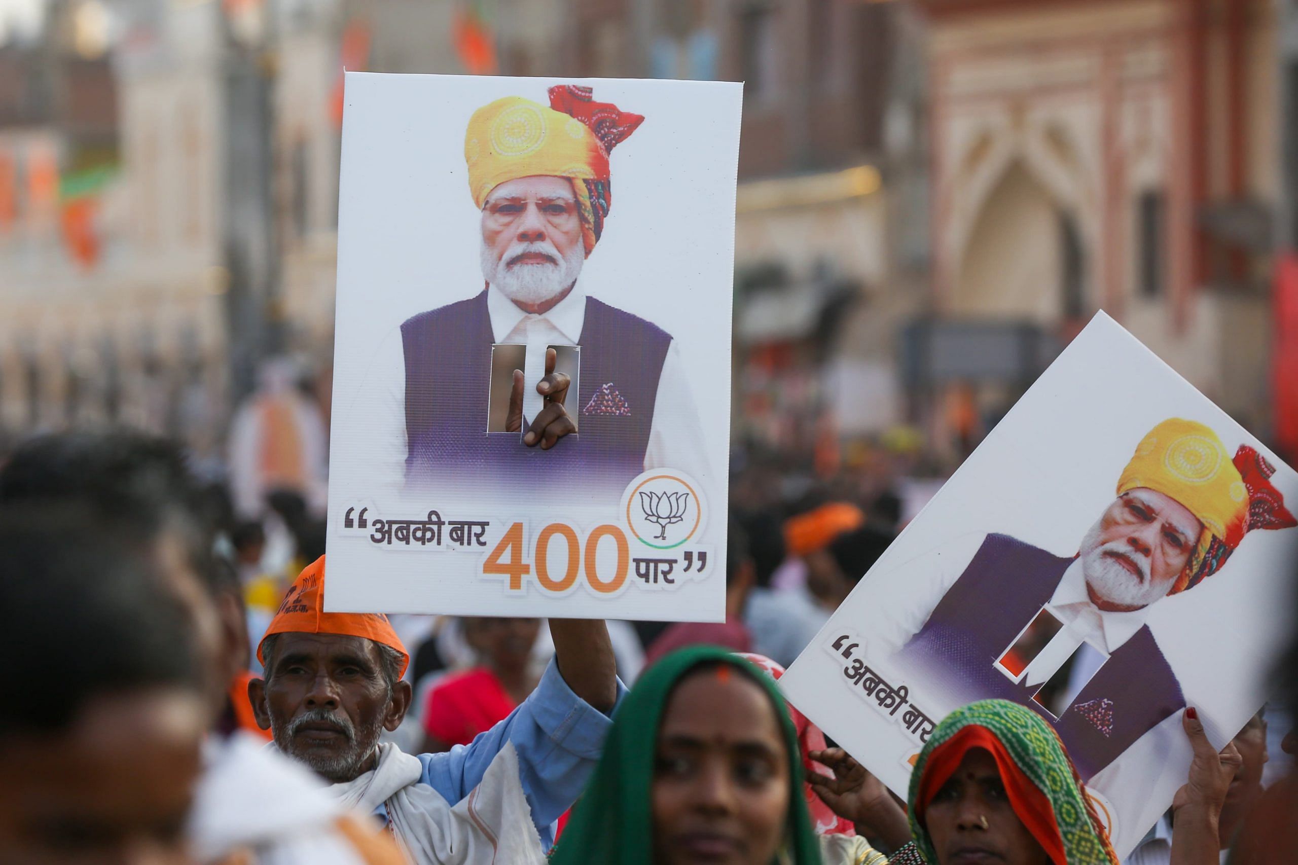 Posters of BJP’s ‘abki baar 400 paar (this time over 400 seats)’ slogan at the roadshow | Suraj Singh Bisht | ThePrint