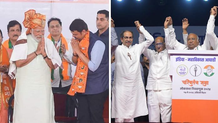 (Left) PM Narendra Modi at the Mahayuti rally and (right) Uddhav Thackeray at INDIA bloc’s rally in Mumbai Friday | Photo: By special arrangement