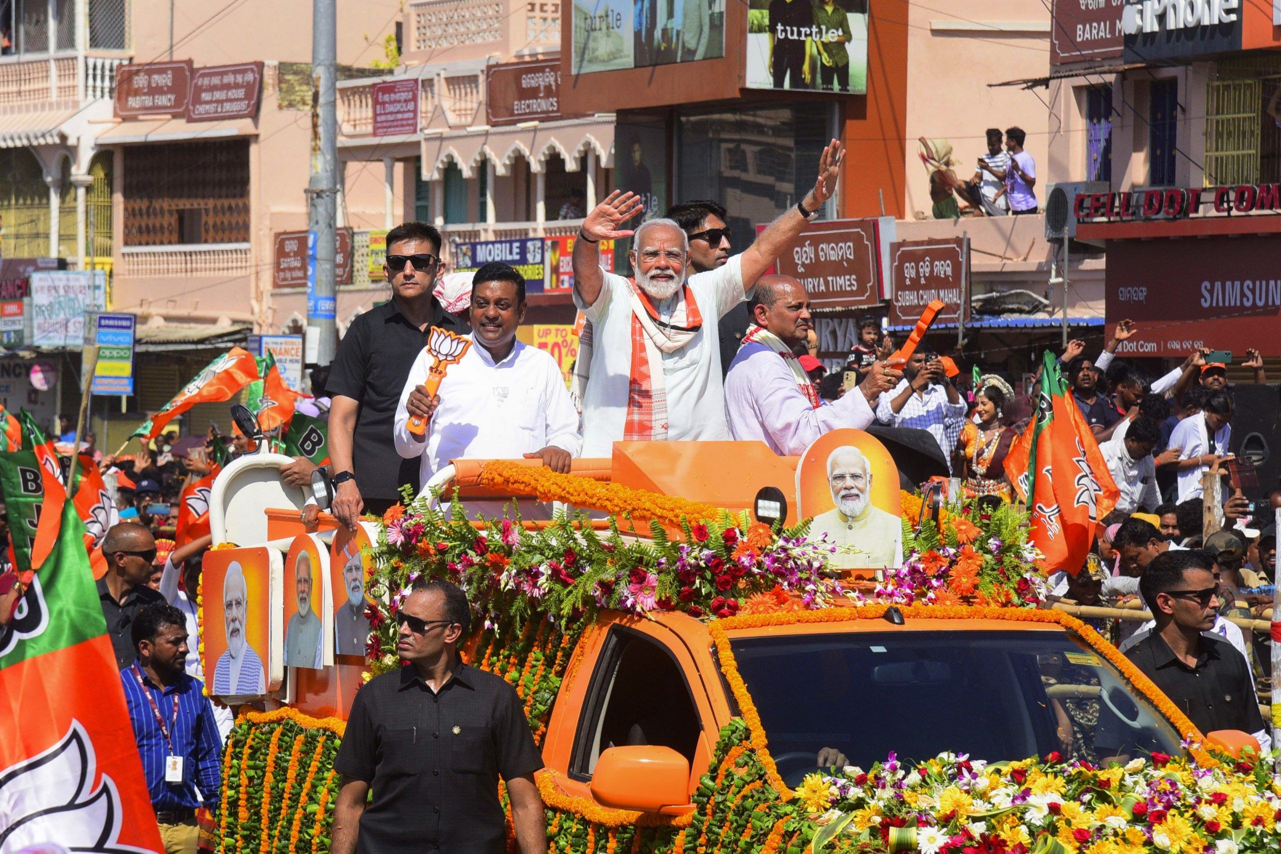 Prime Minister Narendra Modi during a roadshow for Lok Sabha elections, in Puri, Monday, May 20, 2024 | PTI