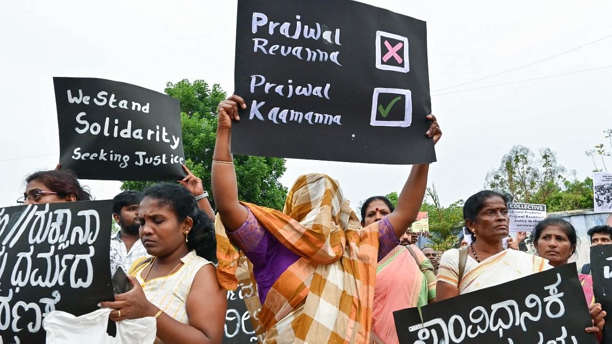 Women stage a protest against Prajwal Revanna in Bengaluru on 3 May | Photo: ANI