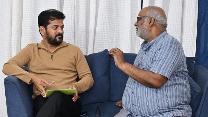 CM Revanth Reddy with music director MM Keeravani at latter's studio in Hyderabad, Sunday | By special arrangement