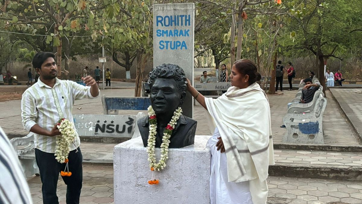 Radhika Vemula with the bust of Rohith Vemula inside university | | Vandana Menon | ThePrint 