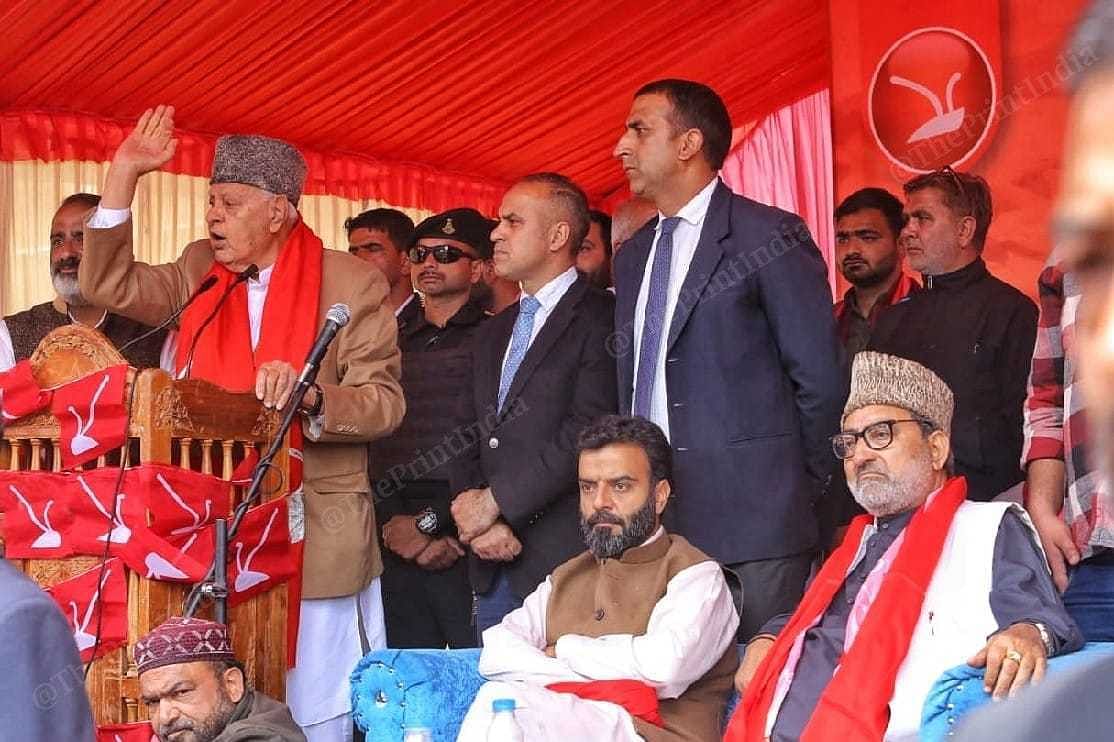 National Conference leader Farooq Abdullah with Srinagar candidate Aga Ruhullah Mehdi (right) on the last day of campaigning before the elections | Praveen Jain | ThePrint