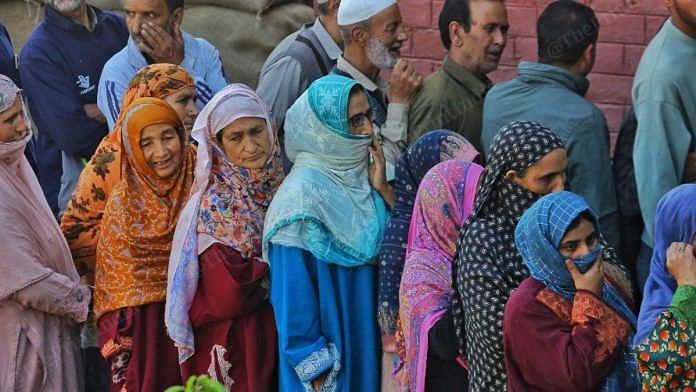 People standing in queue for voting in Anantnag | Photo: Praveen Jain, ThePrint