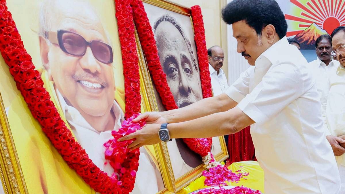 Stalin paying floral tribute to former chief ministers M. Karunanidhi and C.N. Annadurai in Chennai in March 2024 | ANI