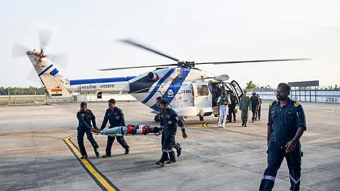 The Indian Coast Guard (ICG) conduct a medical evacuation of a 26-year-old Tamil Nadu fisherman, Ajin from the Indian Fishing Boat (IFB) Jazeera using the ALH MK III helicopter, in Kochi on Tuesday. He faced a near-drowning experience and his health deteriorated due to excess water in the lungs | ANI