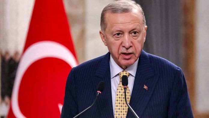 Turkey's President Recep Tayyip Erdogan speaks during a joint statement to the media in Baghdad, Iraq April 22, 2024. AHMAD AL-RUBAYE/Pool via REUTERS/File Photo
