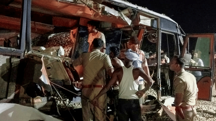 Rescue work underway after a dumper truck overturned on a bus, in Shahjahanpur, Saturday night, 25 May, 2024. At least 11 people were killed and 10 others suffered injuries, according to police | Credit: PTI