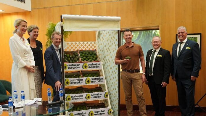Nick McCaffrey, acting Australian High Commissioner to India, John Tyas, CEO Avocados Australia and cricketer Brett Lee and other members of the Australian embassy pose with Hass avocados. | Special arrangement 