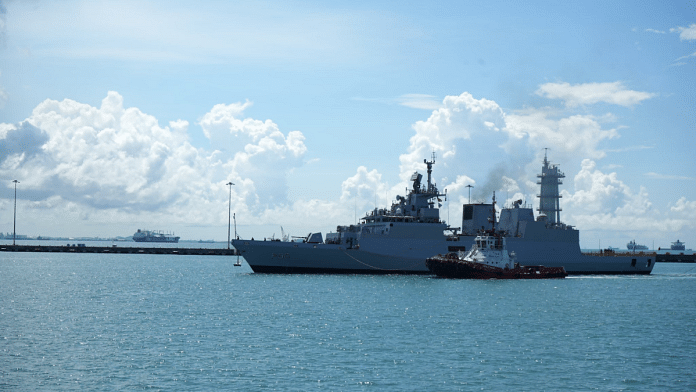 One of the three ships of the Indian Navy at Singapore | Pic credit: X/@IN_HQENC