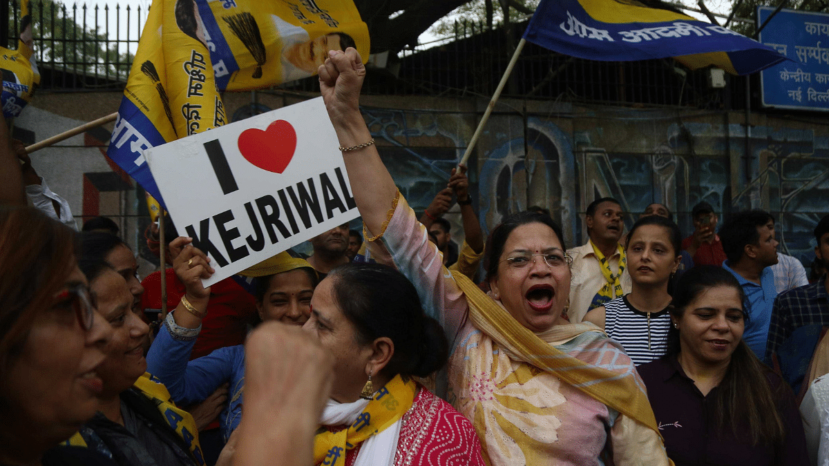 Jubilant AAP workers outside Tihar jail in Delhi on Friday | Suraj Singh Bisht | ThePrint