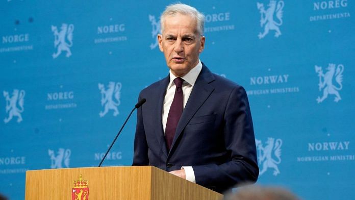 Norway's Prime Minister Jonas Gahr Store announces that the government will recognize Palestine as an independent state from May 28, during a press conference in Marmorhallen in Oslo, Norway, May 22, 2024. NTB/Erik Flaaris Johansen via REUTERS .
