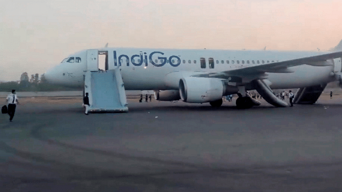 The Varanasi-bound IndiGo flight that received a bomb threat at the Indira Gandhi International Airport, in New Delhi, Tuesday, May 28, 2024 | PTI